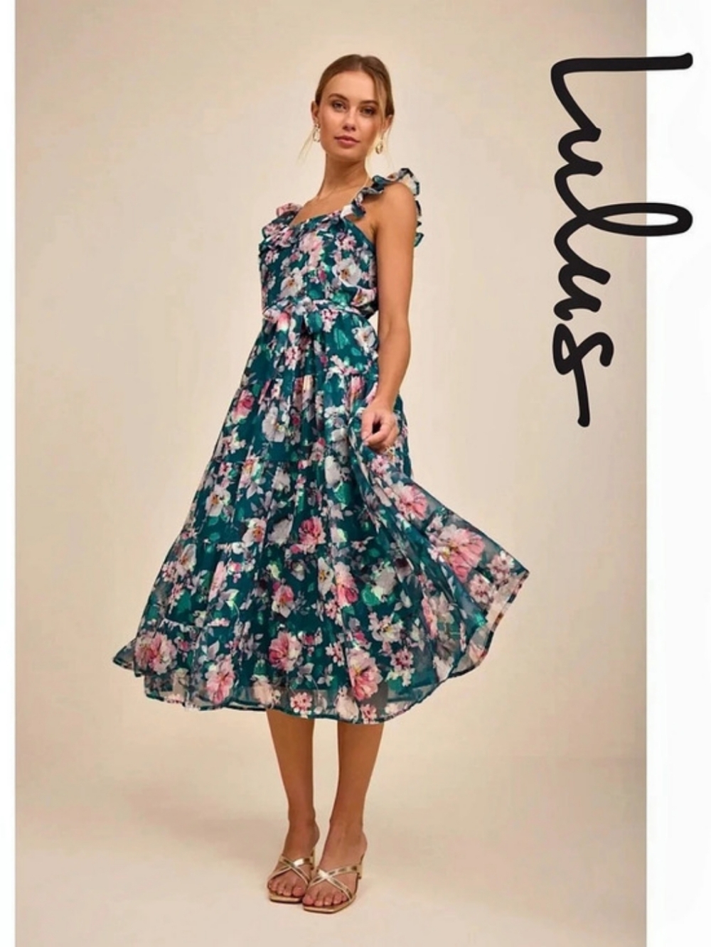 Lulus - Shela Teal Floral Jacquard Tiered Midi Dress